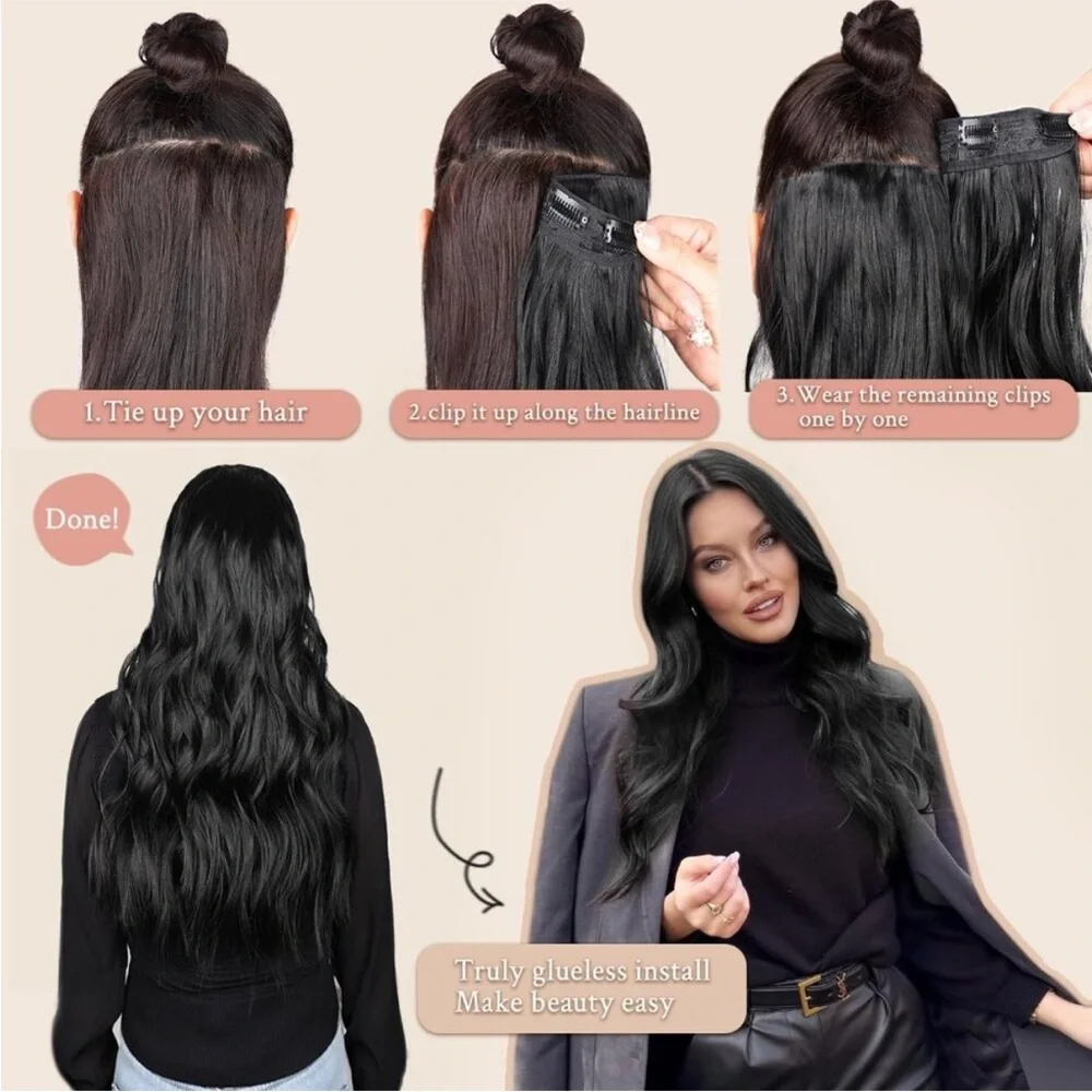 Clip in Hair Extensions 4Pcs Long Wavy Natural Black Hair Clip ins NEW